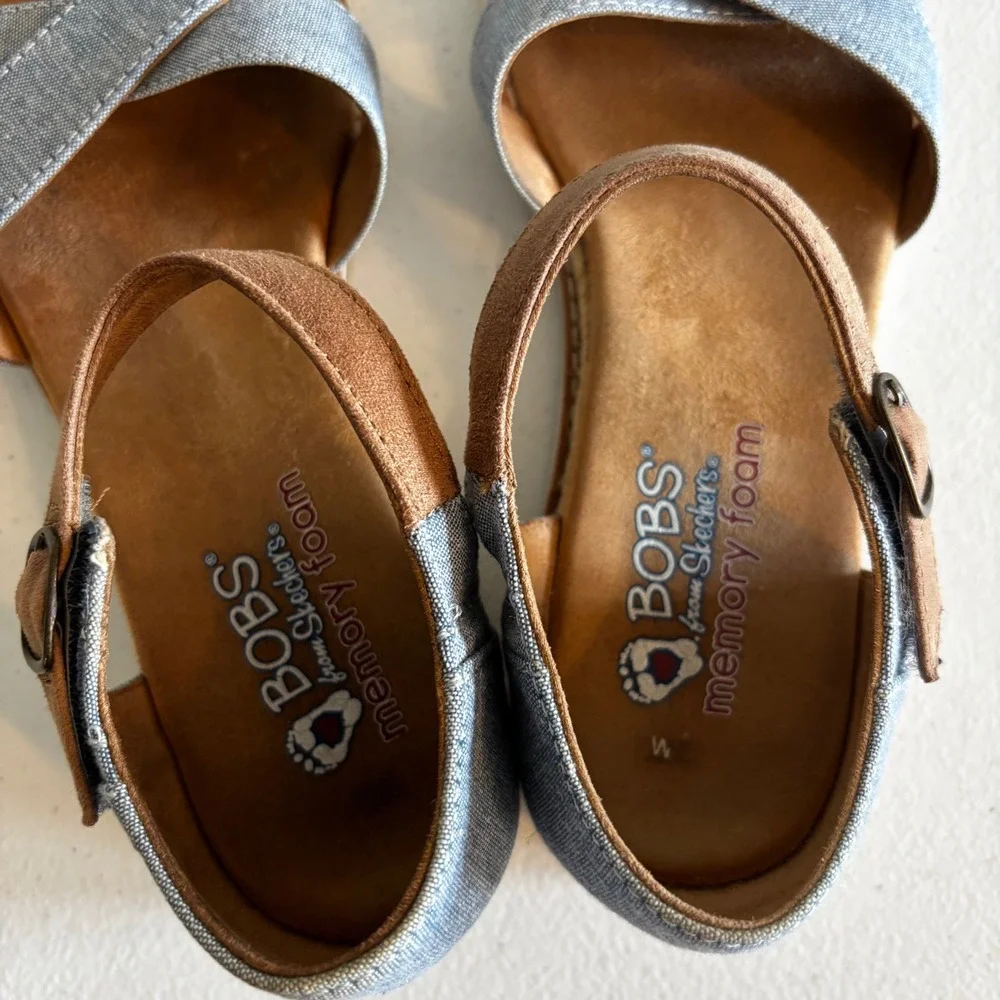 Skechers BOBS Sandals Desert Kiss Blue Denim Espadrille Wedge Womens Sz 7 Shoes